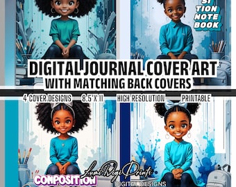Portadas de diario imprimibles para niñas negras, arte digital para cuadernos de composición escolar, descarga instantánea para estudiantes, arte afroamericano, PNG
