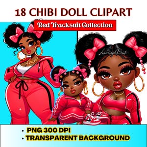 Chibi Curvy Black Girl PNG Clipart Bundle, Red Tracksuit Collection Perfect for T-Shirts, Mugs, Journals & DIY Projects, Digital Download,
