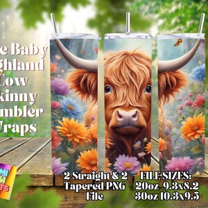 Cute Baby Highland Cow Watercolor Tumbler Wraps PNG, 20 oz Skinny Tumbler Sublimation Design, Straight & Tapered Wrap, Tumbler Wrap,