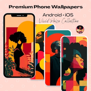 May include: Premium Phone Wallpapers for Android and iOS. The Vivid Poise Collection features four smartphones displaying colorful art. Each phone showcases a different woman's silhouette with vibrant backgrounds of red, orange, yellow, and green.