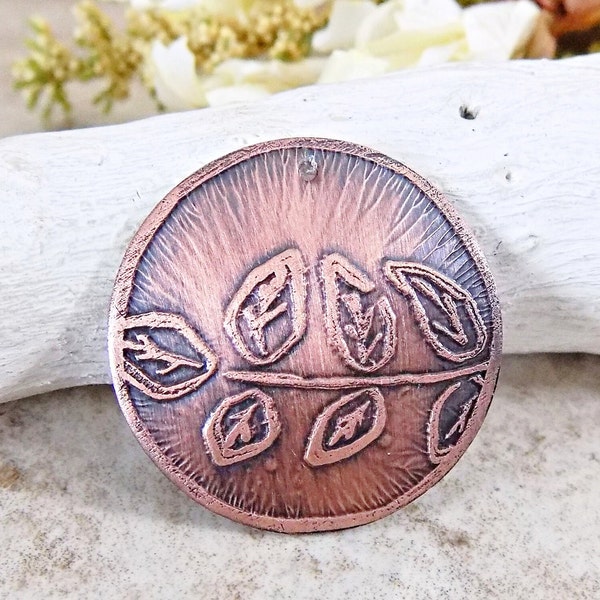 Etched Copper Jewelry Component, Leaf Charm, Artisan Jewelry Components, Rustic Charms, Boho Charms for Jewelry, Handmade Artisan Charms