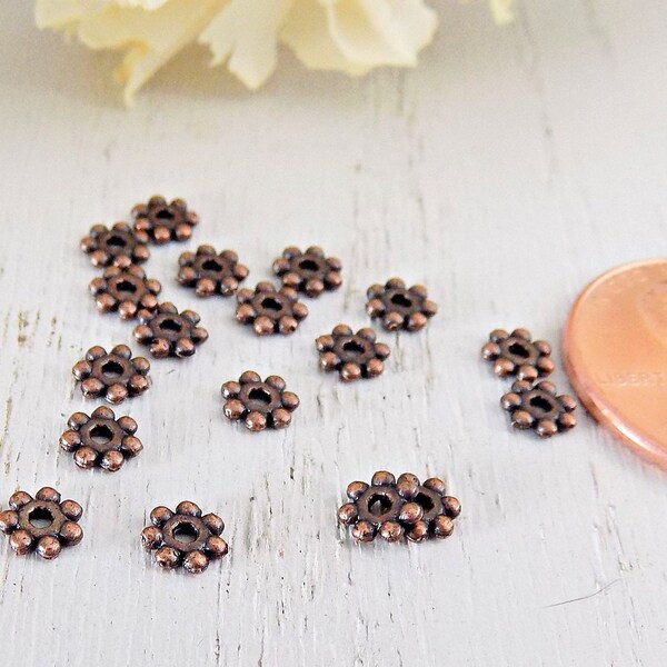 Antique Copper Daisy Spacer Beads, 100 pieces, 4 by 1.5mm Daisy Spacer, Copper Components, Jewelry Supplies, Jewelry Components