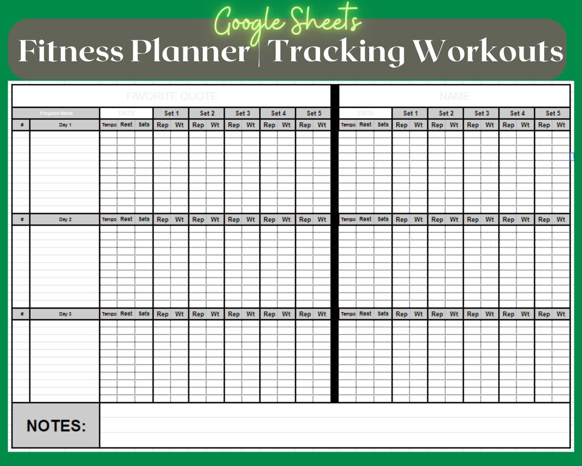 Fitness Printable Fitness Planner Workout Template Google Sheets Weight