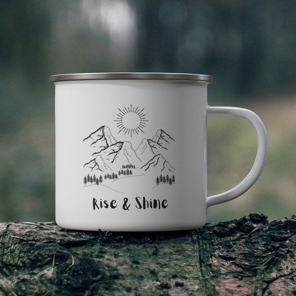 Rise & Sine Mountain Mug | Enamel Camp Mug, Gift For Him or Her, Outdoor Drink Wear, Camping Utensils, Mountain Coffee Cup, Adventure Mug