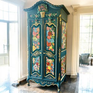 Hand-Painted Vintage French Floral Armoire Closet