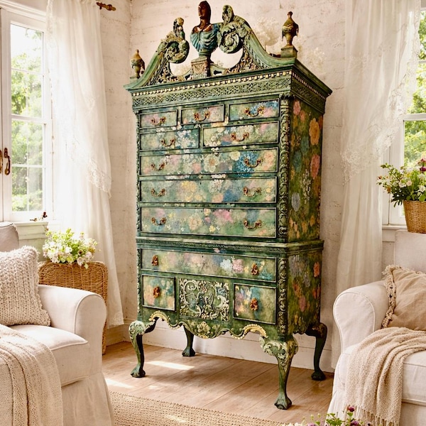 Vintage Ornate Hand-Painted Pompadour Highboy Chest