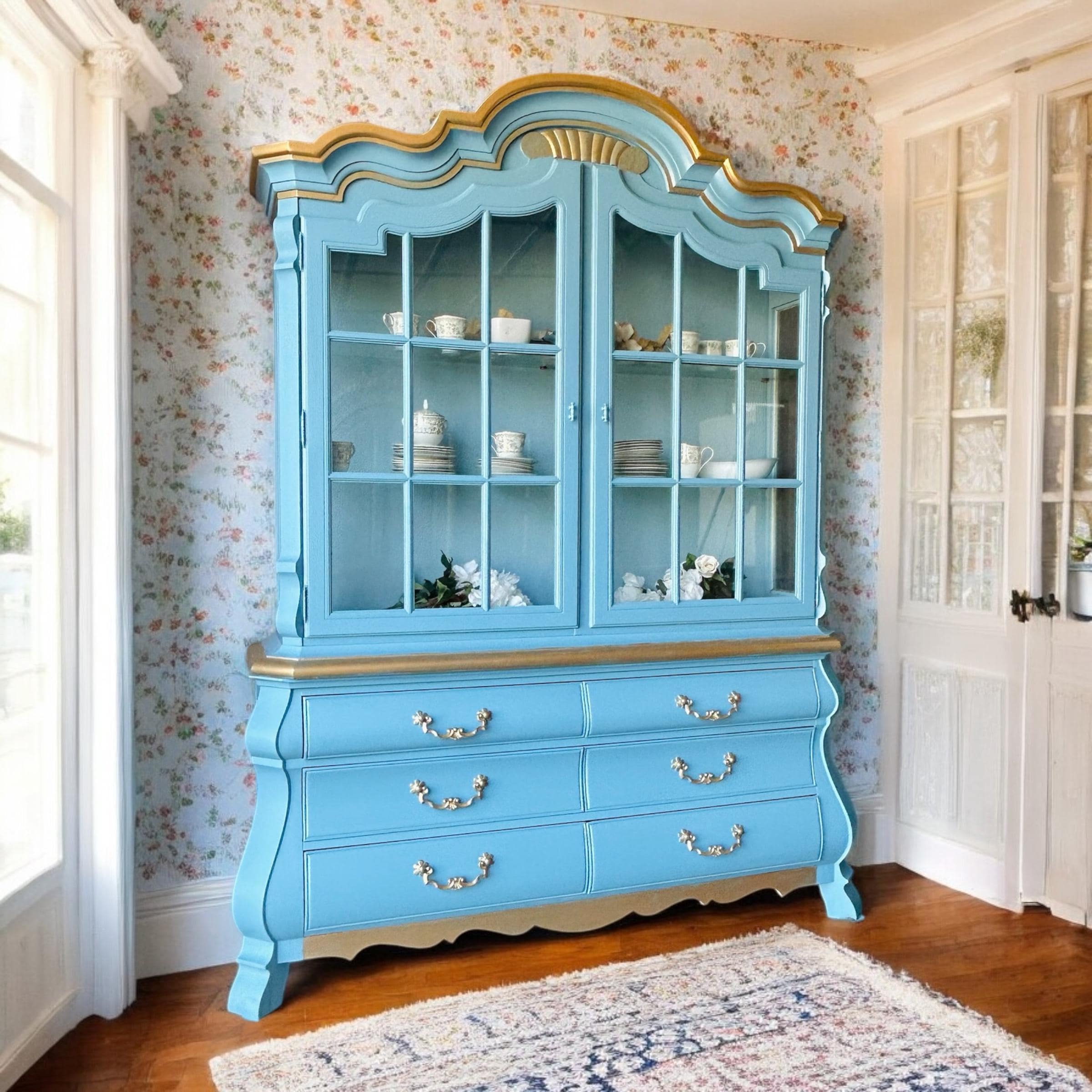 値下げしました　アンティーク　DREXEL 収納家具 Hand-painted Vintage Blue Drexel China Cabinet - Etsy