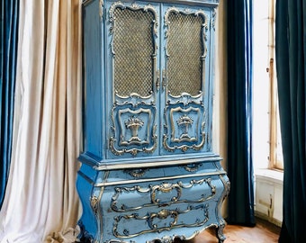 Vintage Rococo Blue French Armoire Wardrobe