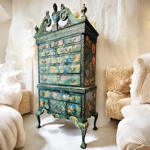 Vintage Ornate Hand-Painted Pompadour Highboy Chest