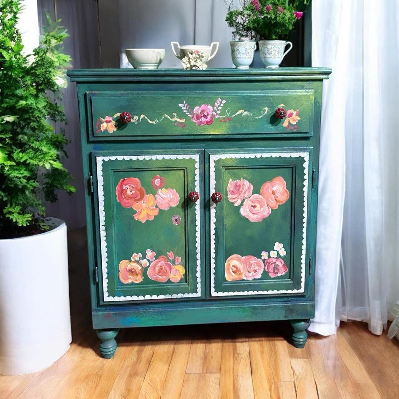 Hand-painted Floral Vintage Console Cabinet/accent Table - Etsy