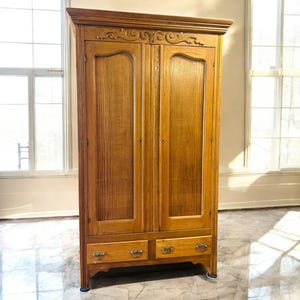 Antique Oak Tall Storage Armoire Wardrobe