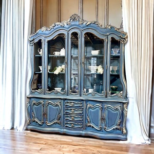 Ornate Blue Hand-Painted Vintage French Hutch/Display Cabinet