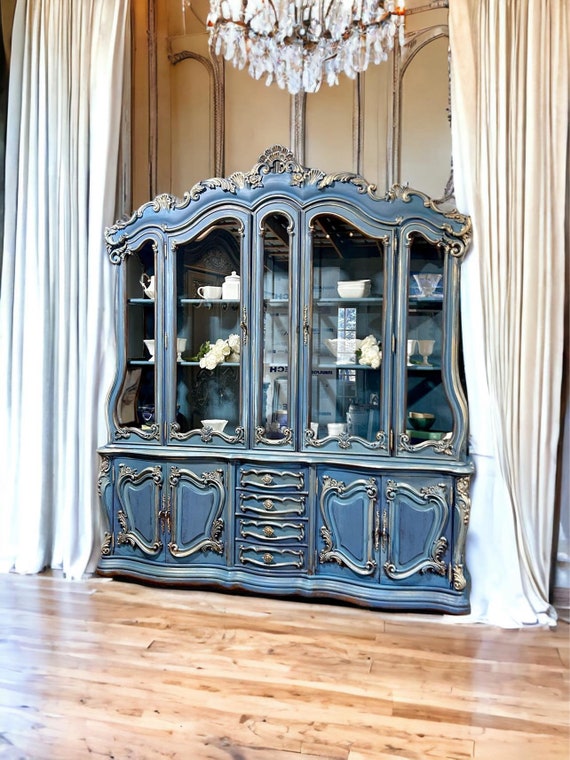 Ornate Blue Hand-painted Vintage French Hutch/display Cabinet - Etsy