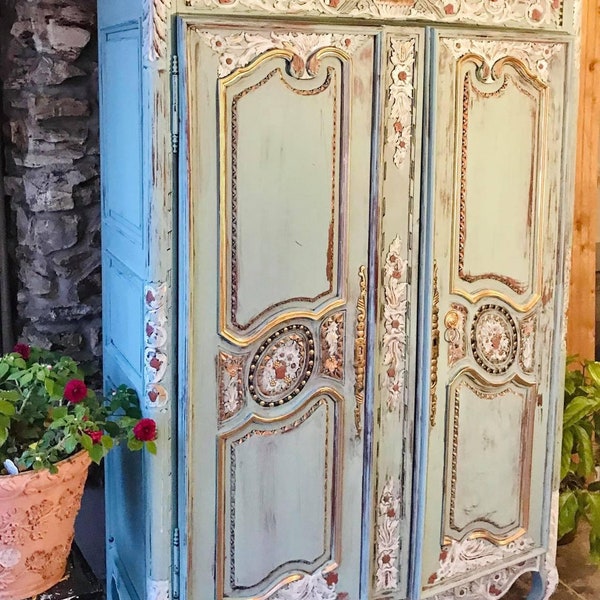 Custom Order Option:  Hand-Painted Vintage French Wedding Armoire - Green