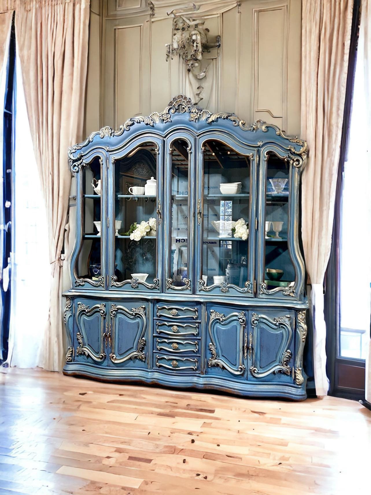 Ornate Blue Hand-painted Vintage French Hutch/display Cabinet - Etsy