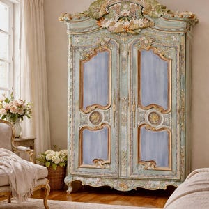 One of a Kind Custom Order French Wedding Armoires - Sourced Vintage and Hand-Painted