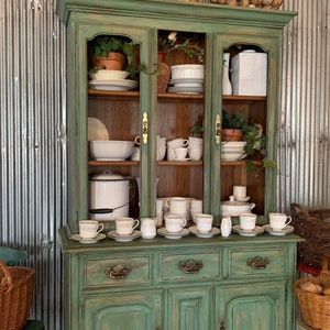 SOLD** Custom Order Option: Vintage Green Oak China Cabinet/Hutch