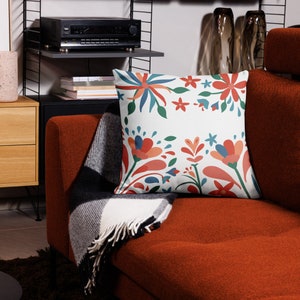 Otomi Floral Throw Pillow Cover | Linen-Feel | Hidden Zipper | Mexican Folk Art