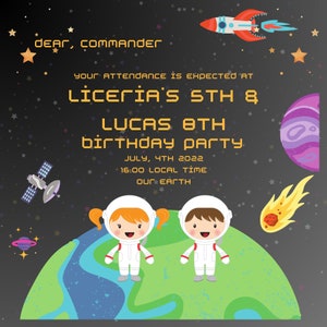 Outer Space + astronauten broer of zus verjaardag, dubbele verjaardag, dubbele gecombineerde tweeling verjaardag, aangepaste uitnodiging, gepersonaliseerd