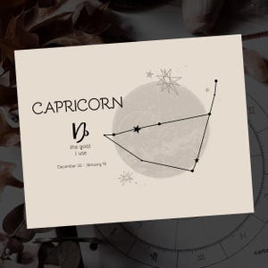 Poster zodiacale Capricorno, tema natale della costellazione dicembre gennaio, segno zodiacale oroscopo arte, download digitale istantaneo e stampa