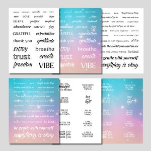 May include: A collection of inspirational quote prints with various phrases like "Enjoy", "Create", and "Freedom" in a modern font. The prints feature a gradient background of pink, blue, and purple hues, with some including star-like accents.