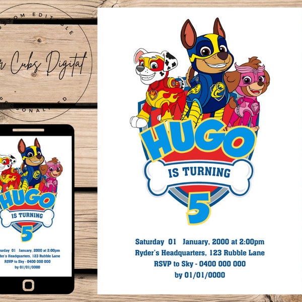 Paw Patrol Invitation, Paw Patrol Invite, Paw Patrol Party, Editable Template, Paw Patrol Digital Invitation, Personalised Paw Patrol Invite