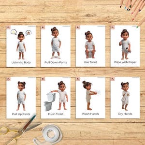 Könnte beinhalten: Acht illustrierte Karten auf einer Holzoberfläche, die Schritte zur Toilettenbenutzung darstellen. Jede Karte zeigt ein Cartoon-Kind und den Text: "Listen to Body", "Pull Down Pants", "Use Toilet", "Wipe with Paper", "Pull Up Pants", "Flush Toilet", "Wash Hands" und "Dry Hands".