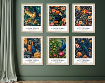 Wandkunst William Morris Bird Print 6er-Set, verzierte Vintage Botanische Wandkunst, Kunst und Handwerk Digitaler Download, Ara Tukan Pfau Dekor