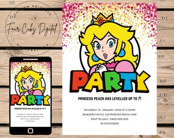 Mario Bros Einladung, Prinzessin Peach Einladung, Super Mario Geburtstagseinladung, Super Mario Invite, Nintendo, bearbeitbare Vorlage