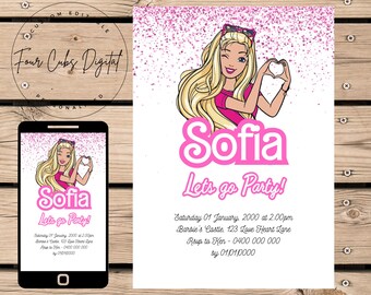 Rosa Puppen-Prinzessin Party Einladung | Herz-Geburtstags-Digital-Einladung für Mädchen | Bearbeitbares Glam Fashion Doll Theme druckbare Template-Design