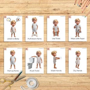 May include: Eight cards showing toilet routine steps. Each card has a cartoon child and text: "Listen to Body", "Pull Down Pants", "Use Toilet", "Wipe with Paper", "Pull Up Pants", "Flush Toilet", "Wash Hands", and "Dry Hands".