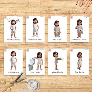 May include: Set of eight illustrated cards with a child demonstrating steps for using the toilet. Each card has a different action, including "Listen to Body", "Pull Down Pants", and "Dry Hands". The cards are on a wooden surface.