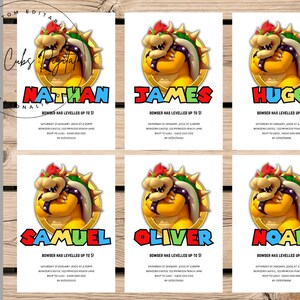 May include: A set of six printable birthday invitations featuring a cartoon image of Bowser from the Super Mario Bros. video game series. Each invitation has a different name, such as Nathan, James, Hugo, Samuel, Oliver, and Noah. The invitations are decorated with colorful blocks and the text "Bowser has leveled up to 5!"