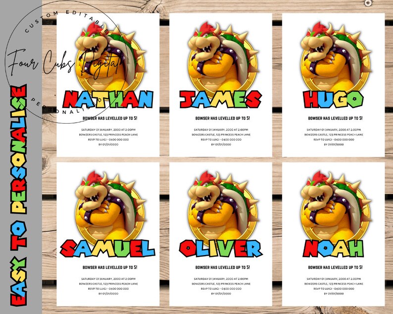 May include: A set of six printable birthday invitations featuring a cartoon image of Bowser from the Super Mario Bros. video game series. Each invitation has a different name, such as Nathan, James, Hugo, Samuel, Oliver, and Noah. The invitations are decorated with colorful blocks and the text "Bowser has leveled up to 5!"