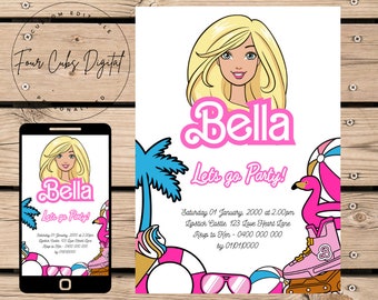 Pink Doll Pool-Party Einladung | Sommer-Geburtstags-Digital-einladen für Mädchen | Bearbeitbares Glam Fashion Doll Theme druckbare Template-Design