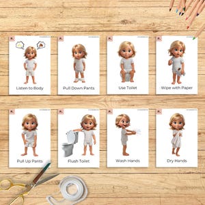 Könnte beinhalten: Acht illustrierte Karten auf einer Holzoberfläche, die jeweils einen Schritt einer Badezimmerroutine darstellen. Die Karten zeigen ein Cartoon-Kind und Textanweisungen wie "Auf den Körper hören", "Hose runterziehen" und "Hände waschen". Eine Schere und Klebeband befinden sich im Vordergrund.