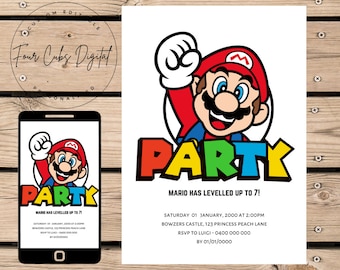 Mario Bros Einladung, Super Mario Geburtstagseinladung, Super Mario Invite, Videospiel, Kid Invite, Mario Vorlage, bearbeitbare Canva