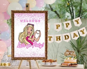 Rosa Prinzessin Willkommensschild | Herz Geburtstagsschild für Mädchen | Bearbeitbares Glam Fashion Doll Theme druckbare Template-Design