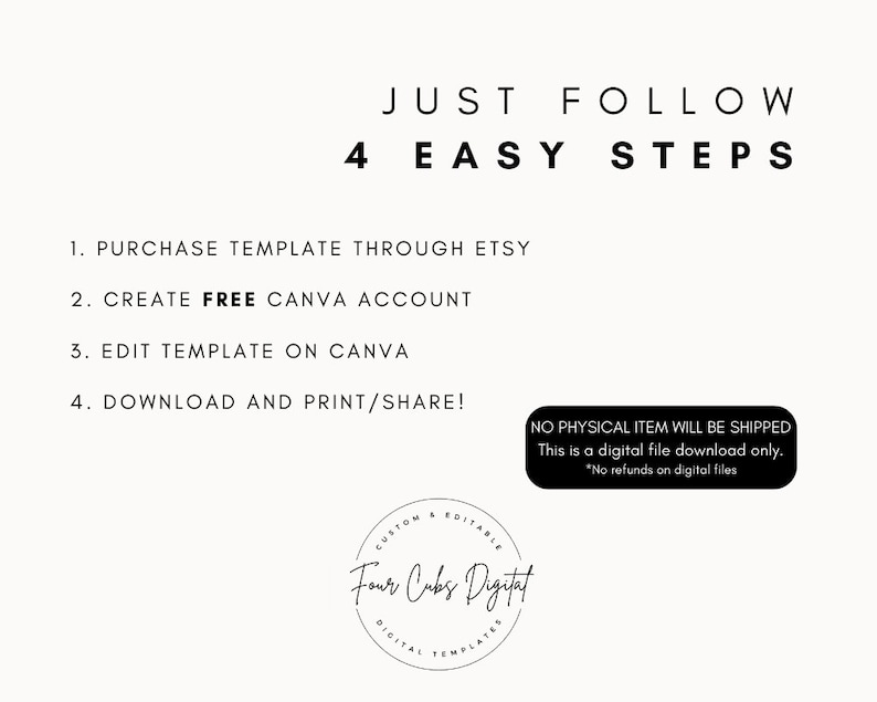 May include: A black and white graphic with the text "JUST FOLLOW 4 EASY STEPS" and a list of four steps to purchase, edit, and download a digital template. The text "NO PHYSICAL ITEM WILL BE SHIPPED This is a digital file download only. *No refunds on digital files" is also included. The graphic includes a logo for "Four Cubs Digital".