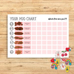 May include: A white chart titled "YOUR POO CHART" with illustrations of different types of stool. The chart includes the text "Which Poo are you??" and is decorated with colorful stickers of hearts, rainbows, and peace signs.