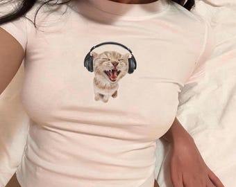 Funny Retro Vintage Graphic Tee, Cat Headphones Tee, y2k baby tee, Meme T shirt, coquette baby tee,  Funny Cat Shirt, Dank Meme Tee