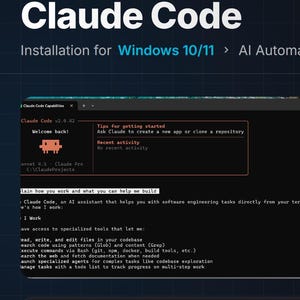 Op de afbeelding: Een donkerblauwe afbeelding met de tekst "Claude Code" en "Installatie voor Windows 10/11". De afbeelding toont ook een software-interface met de tekst "v2.8 LATEST STABLE" en "AI NATIVE SUPPORT".