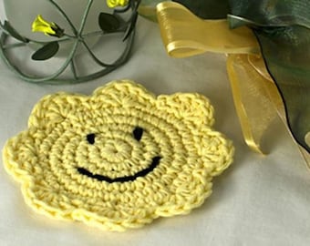 PATTERN ONLY - Smiley face Crochet Coaster Pattern, Cotton Coasters and Placemats, Coaster, Gift for her, Crochet Coasters Digital Download