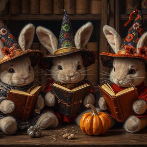 Puede incluir: Tres conejos de peluche con sombreros de bruja leyendo libros, con calabazas y velas. Los conejos visten suéteres y túnicas, con sombreros adornados con motivos florales. La escena evoca un ambiente acogedor, otoñal y mágico.