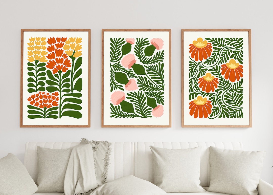 Botanical Gallery Wall Art Set of 3, Mid Century Modern Prints, Floral