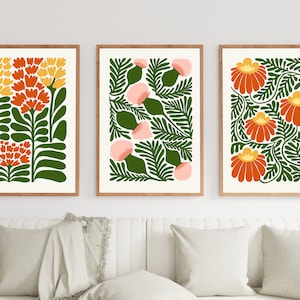 Botanical Gallery Wall Art Set Of 3, Mid Century Modern Prints, Floral Decor Wall Art Prints, Printable Wall Art, Boho Home Decor