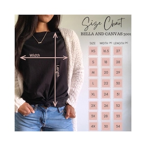 K&ouml;nnte beinhalten: Gr&ouml;&szlig;entabelle f&uuml;r Bella and Canvas 3001 T-Shirts, mit den Ma&szlig;en f&uuml;r Breite und L&auml;nge in Zoll f&uuml;r die Gr&ouml;&szlig;en XS bis 4X.
