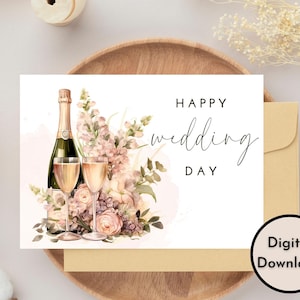 Tarjeta del día de la boda feliz del vino floral - Descarga DIGITAL - Tarjeta de boda imprimible - Tarjeta de felicitación de boda imprimible - Tarjeta imprimible