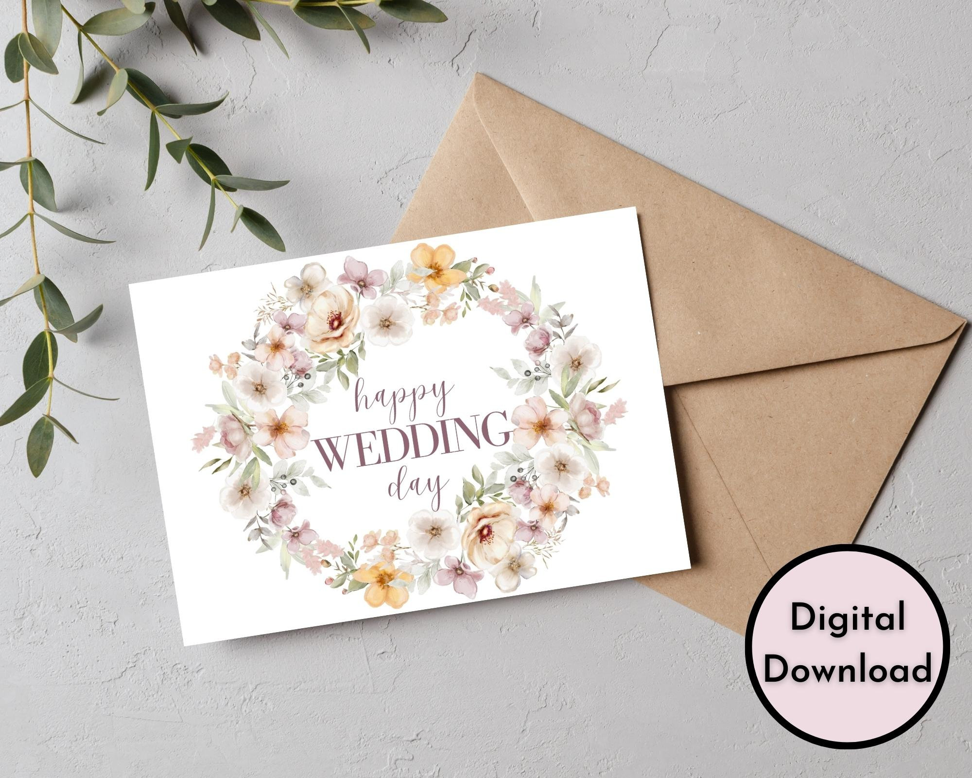 Floral Happy Wedding Day Card DIGITAL Download Printable Wedding Card ...