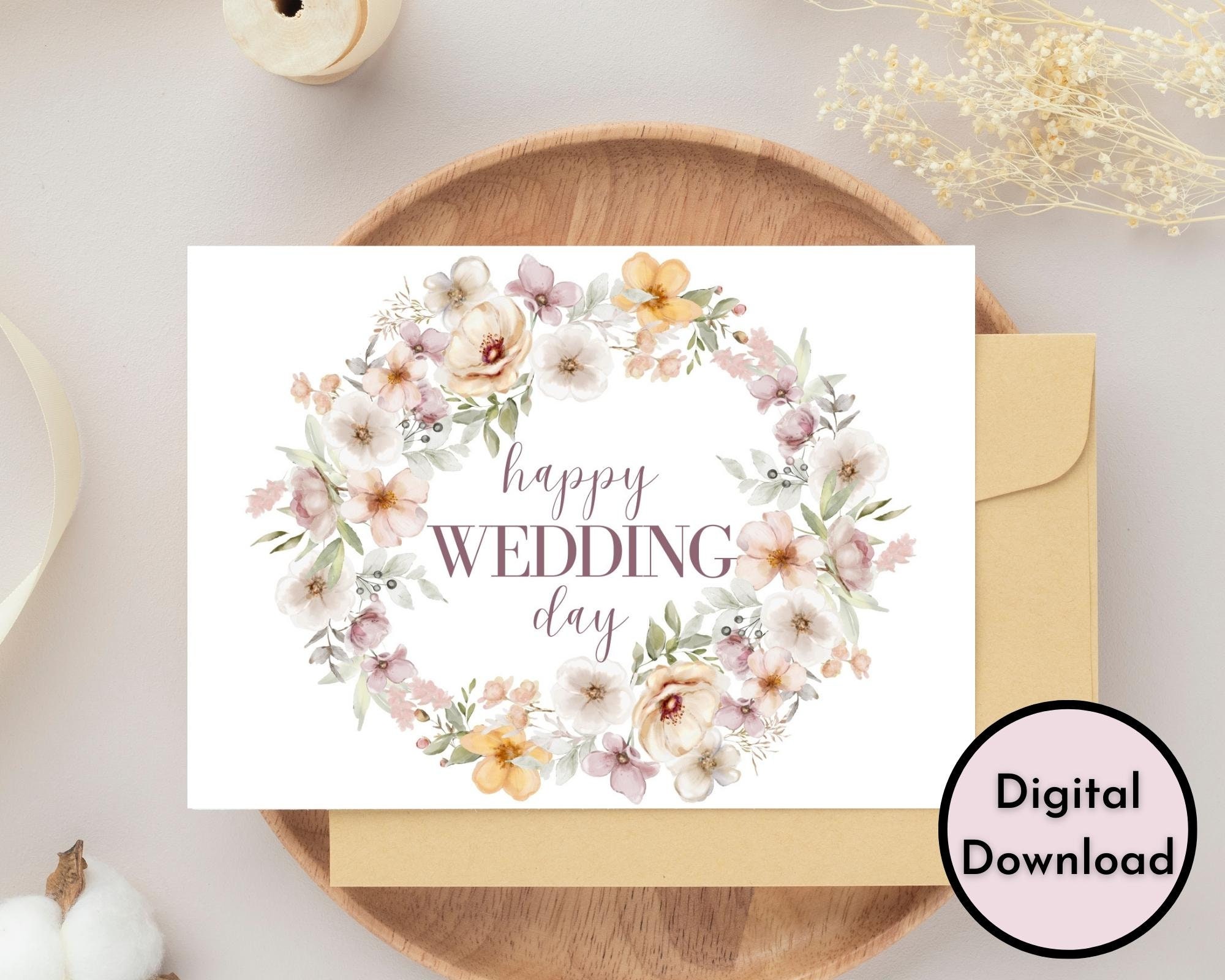 Floral Happy Wedding Day Card DIGITAL Download Printable Wedding Card ...